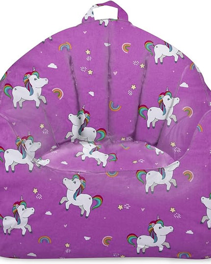 Posh Creations Structured Comfy Bean Bag Chair for Gaming, Reading, and Watching TV, Malibu Lounge, Canvas - Unicorn and Rainbows on Purple - LeafyLoom