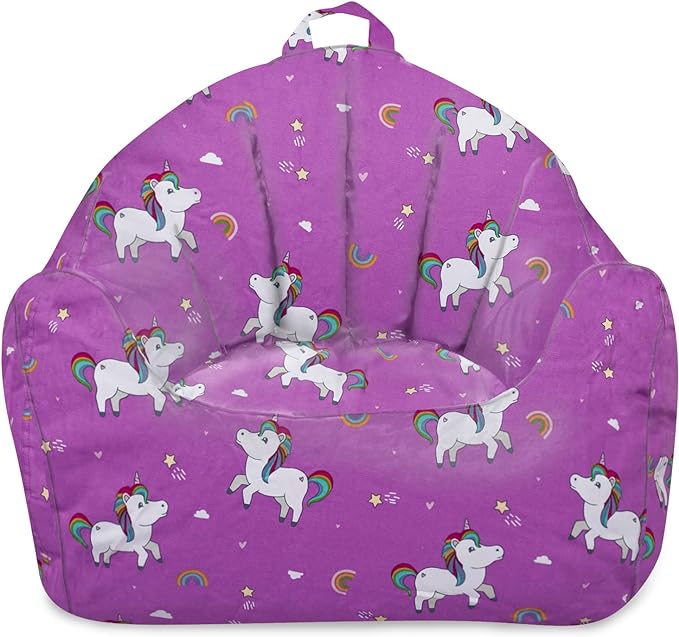 Posh Creations Structured Comfy Bean Bag Chair for Gaming, Reading, and Watching TV, Malibu Lounge, Canvas - Unicorn and Rainbows on Purple - LeafyLoom