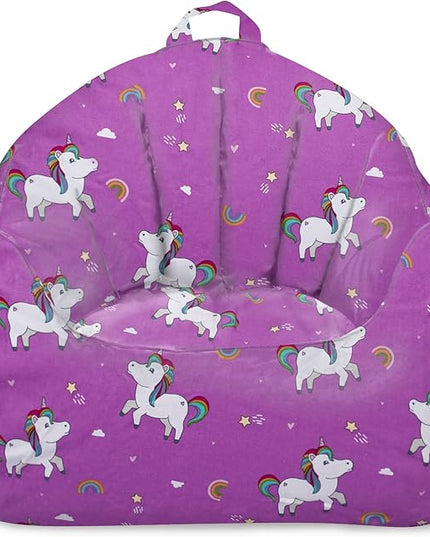Posh Creations Structured Comfy Bean Bag Chair for Gaming, Reading, and Watching TV, Malibu Lounge, Canvas - Unicorn and Rainbows on Purple - LeafyLoom