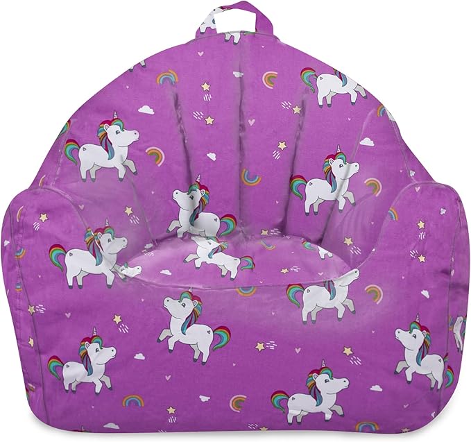 Posh Creations Structured Comfy Bean Bag Chair for Gaming, Reading, and Watching TV, Malibu Lounge, Canvas - Unicorn and Rainbows on Purple - LeafyLoom