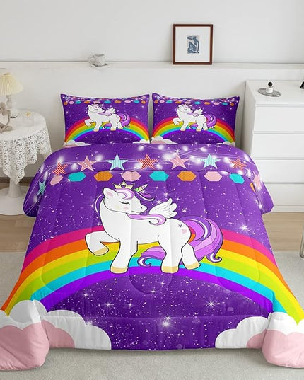 Kids Unicorn Comforter Set Queen Cartoon Rainbow Bedding Set for Girls Children Purple Cute Unicorn Glitter Down Comforter Kawaii Galaxy Stars Fantasy Geometric Room Decor Bedding Comforters & Sets - LeafyLoom