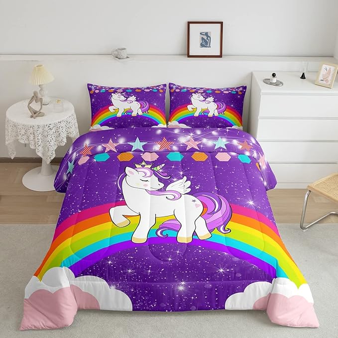 Kids Unicorn Comforter Set Queen Cartoon Rainbow Bedding Set for Girls Children Purple Cute Unicorn Glitter Down Comforter Kawaii Galaxy Stars Fantasy Geometric Room Decor Bedding Comforters & Sets - LeafyLoom