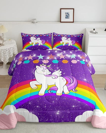 Girls Unicorn Comforter Set Twin Rainbow Bedding Set Cute Unicorn Glitter Down Comforter Kids Cartoon Kawaii Quilt Set Galaxy Stars Fantasy Room Decor Children Girly Unicorn Reversible Purple - LeafyLoom