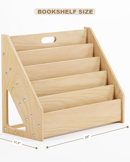 Front-Facing Montessori Bookshelf,5 Tier Book Display Shelf for Toddler,Kids Storage Magazine Rack,Solid Wood Bookcase Organizer,Perfect for Playroom,Bedroom,Study Living Room,Nursery,Classroom - LeafyLoom