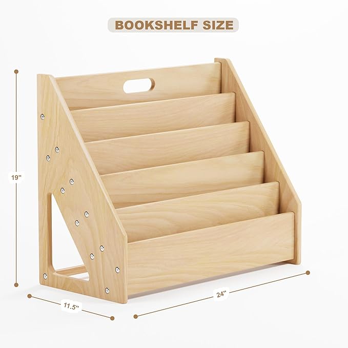 Front-Facing Montessori Bookshelf,5 Tier Book Display Shelf for Toddler,Kids Storage Magazine Rack,Solid Wood Bookcase Organizer,Perfect for Playroom,Bedroom,Study Living Room,Nursery,Classroom - LeafyLoom
