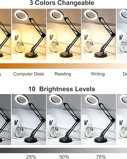 DLLT Dimmable Swing Arm Desk Lamp with Clamp, 68 LED Flexible Architect Work Lamp, 3 Colors 10 Brightness, Adjustable Desk Lamp, Multi-Joint Table Lamp for Study, Office, Computer, Art, Work Lighting - LeafyLoom
