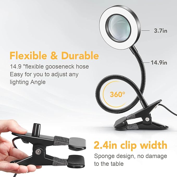 Magnifying Glass with Light 5X, 9w Clip on Light, 48 LED Desk Lamp wtih Clamp Light, 3 Modes Dimmable Magnifying LED Lamps for Bed Work Crafts Workbench - LeafyLoom