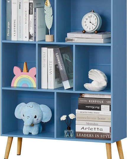 YAHARBO 7 Cube Bookshelf, Blue Kids Book Shelf with Cubby Storage,Wooden Modern Bookcase with Legs,3 Tier Freestanding Display Book Case,Children Toy Organizer,Bookshelves for Office,Nursery,Playroom - LeafyLoom