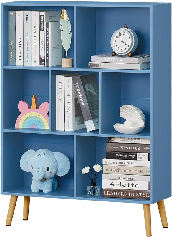 YAHARBO 7 Cube Bookshelf, Blue Kids Book Shelf with Cubby Storage,Wooden Modern Bookcase with Legs,3 Tier Freestanding Display Book Case,Children Toy Organizer,Bookshelves for Office,Nursery,Playroom - LeafyLoom