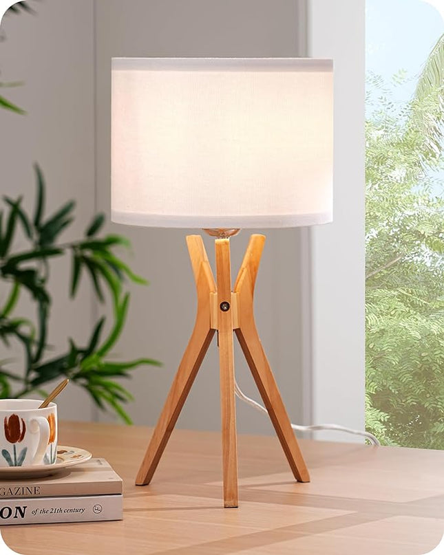 EDISHINE Modern Tripod Table Lamp, 17.5" Bedside Lamp with Natural Wood Light Legs & White Linen Lampshade, Nightstand Lamp for Bedroom, Living Room, Reading Room, E26 Base - LeafyLoom