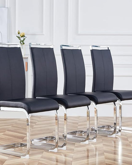 Dining Chairs Set, Kitchen Modern Metal Chairs with Faux Leather Padded Seat High Back and Sturdy Chrome Legs, Chairs for Dining Room (Black, Set of 4) - LeafyLoom