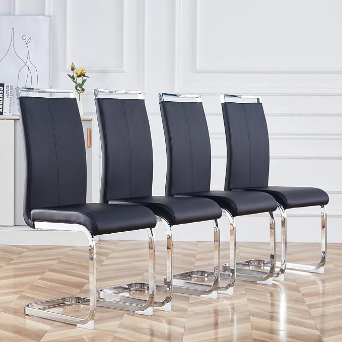 Dining Chairs Set, Kitchen Modern Metal Chairs with Faux Leather Padded Seat High Back and Sturdy Chrome Legs, Chairs for Dining Room (Black, Set of 4) - LeafyLoom