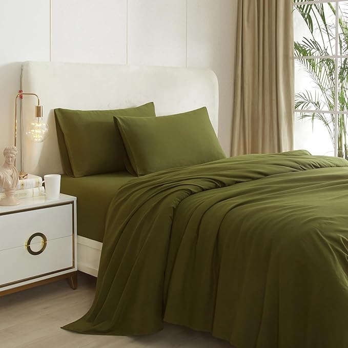 Olive Green Twin Sheets Set 3 Piece Cooling Bed Sheets,Hotel Luxury Fitted Sheet Set for Twin Size Bed,Super Soft Sheet Deep Pocket 16 Inch,Wrinkle & Shrink Resistant,Twin Sheets,Green Bed Sheets - LeafyLoom