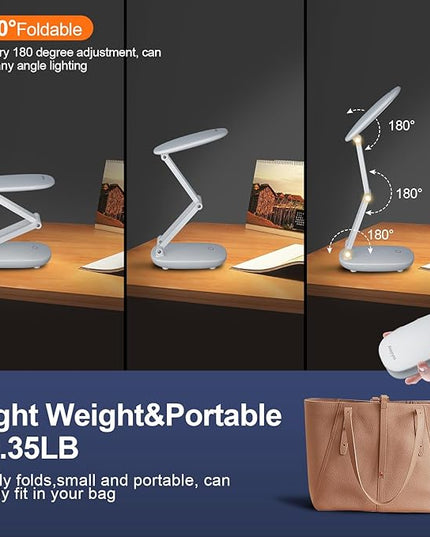 LED Desk Lamp for Office Home & Battery Operated Lamp Rechargeable Lamp Foldable & Portable Light, [2-fold support frame higher] 3 Brightness Dimmable Small Desk Lamp Wireless Reading Lamp - LeafyLoom