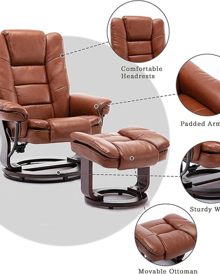 JC Home Swivel Ottoman Bonded Leather Recliner Chair and Foot Rest for Living Room, Home Theater, Man Cave, Bedroom-Round Mahogany Base-Modern, Contemporary Furniture, Extra Large, Tan - LeafyLoom