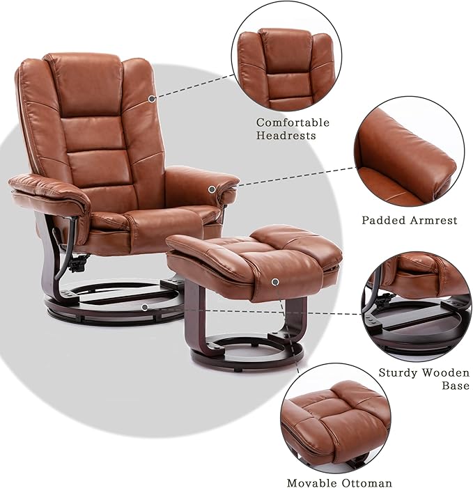 JC Home Swivel Ottoman Bonded Leather Recliner Chair and Foot Rest for Living Room, Home Theater, Man Cave, Bedroom-Round Mahogany Base-Modern, Contemporary Furniture, Extra Large, Tan - LeafyLoom
