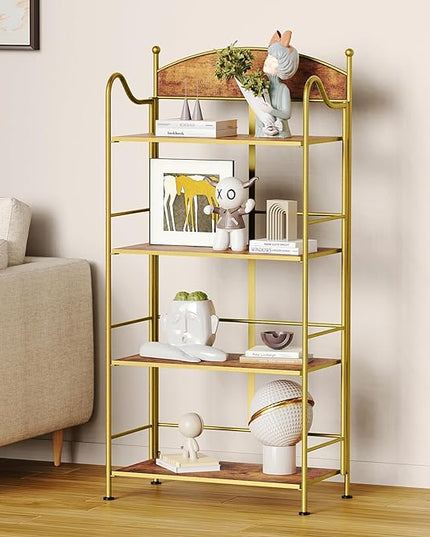Folding Bookshelf No Assembly, 4 Shelf Gold Folding Bookcase with Sturdy Metal Frame, Vintage Open Standing Collapsible Shelves for Bedroom, Living Room, Home Office Organization - LeafyLoom