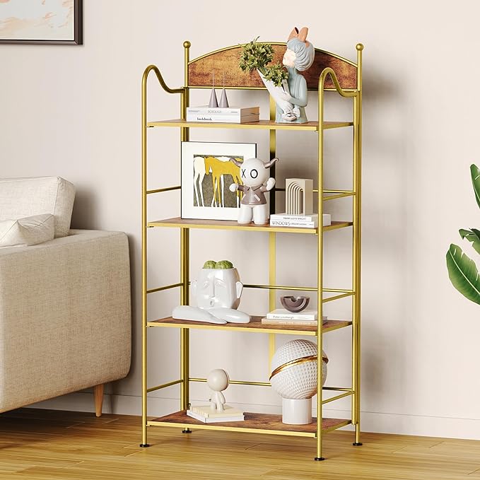 Folding Bookshelf No Assembly, 4 Shelf Gold Folding Bookcase with Sturdy Metal Frame, Vintage Open Standing Collapsible Shelves for Bedroom, Living Room, Home Office Organization - LeafyLoom
