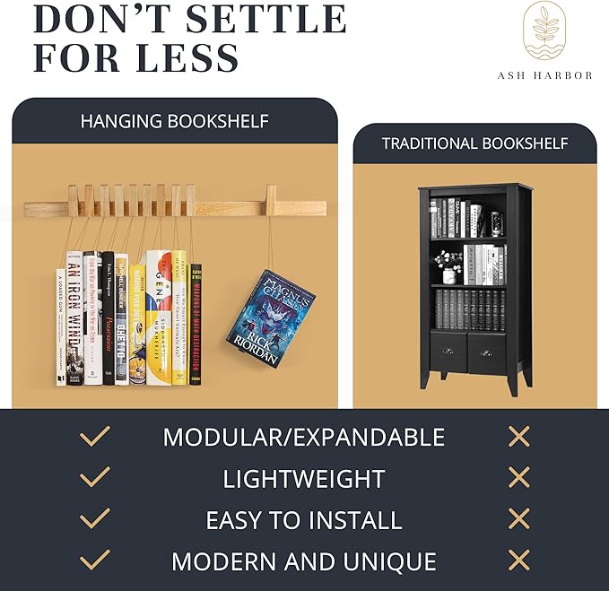 Floating Wall Bookshelf - Wall Mounted Book Organizer with Included Bookmarks - Hardwood Hanging Bookshelf for Bedroom, Living Room, or Kitchen - A Thoughtful Gift for Book Lovers (Natural) - LeafyLoom