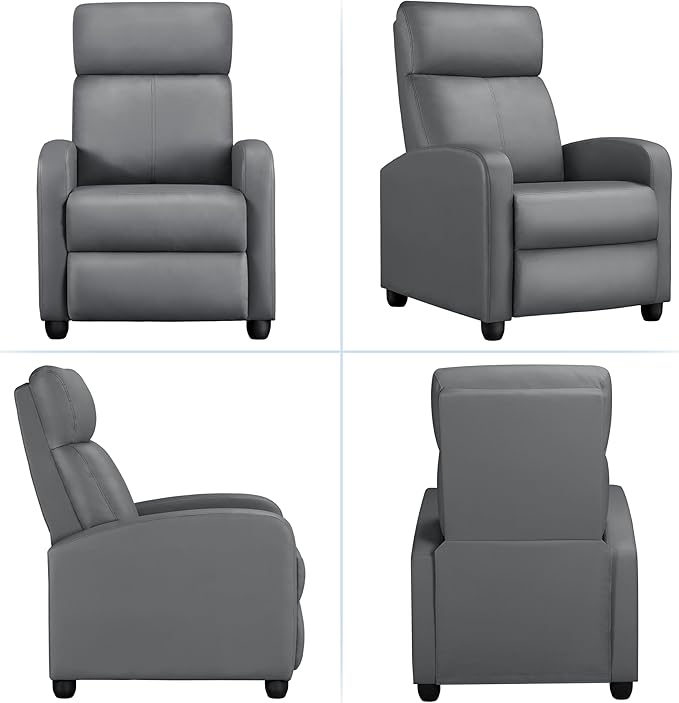 Yaheetech Recliner Chair PU Leather Recliner Sofa Home Theater Seating with Lumbar Support Overstuffed High-Density Sponge Push Silver Gray Recliners - LeafyLoom