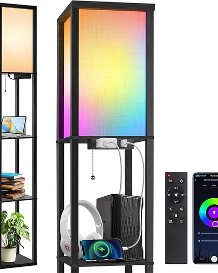 OUTON Floor Lamp with Shelves, LED Dimmable Floor Lamp with Remote & App & Voice Control, Charging Station, Color Changing, Wood Column Tall Standing Lamp for Living Room, Bedroom Office - LeafyLoom