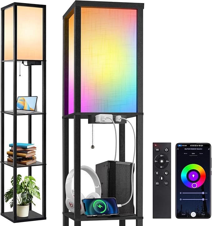 OUTON Floor Lamp with Shelves, LED Dimmable Floor Lamp with Remote & App & Voice Control, Charging Station, Color Changing, Wood Column Tall Standing Lamp for Living Room, Bedroom Office - LeafyLoom