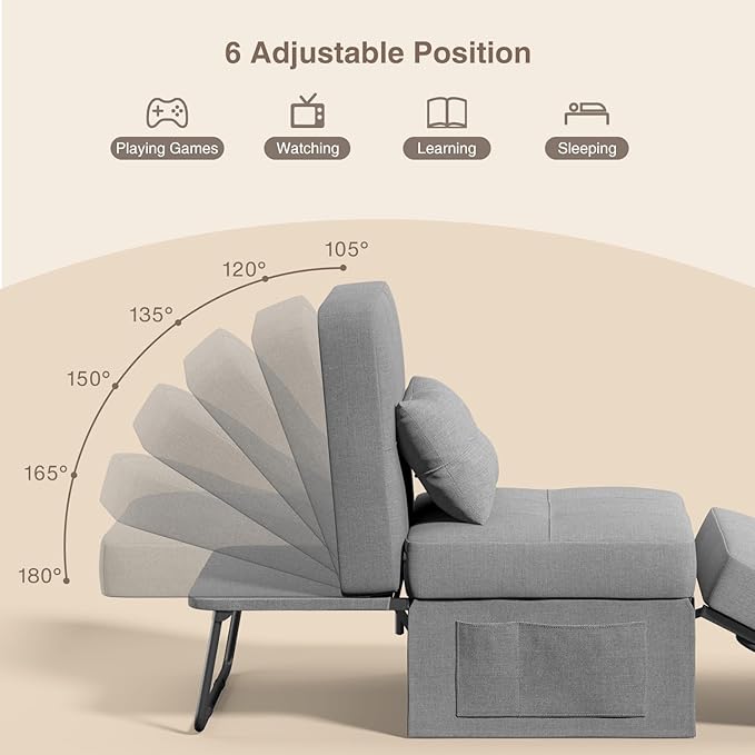 Aiho 4 in 1 Chair Bed, Sleeper Sofa Bed Convertible Chair, Assembly-Free Sofa Chair Bed with Adjustable Backrest Breathable Linen, for Living Room Apartment Office, Light Grey - LeafyLoom