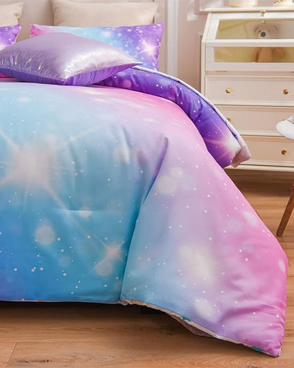A Nice Night 6Pcs Gradient Glitter Bedding Set for Girls Full Size, Colorful Rainbow Galaxy Comforter Set, Ultra Soft Bedding Sets, Purple - LeafyLoom
