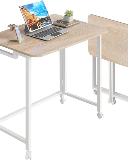 4NM 23.6" Mobile Small Folding Desk, Adjustable Rolling Compact Laptop Cart Desk, Couch Desk, Bed Desk for Laptop for Small Space Offices - Natural and White - LeafyLoom