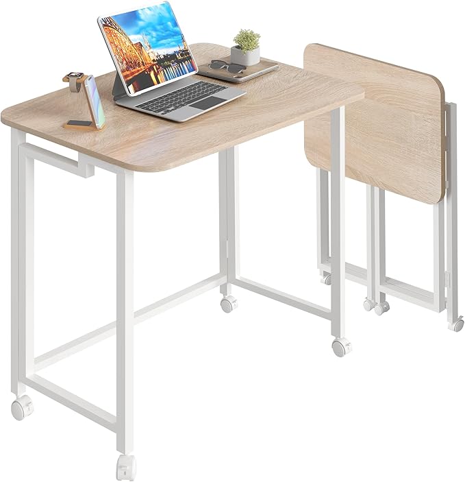 4NM 23.6" Mobile Small Folding Desk, Adjustable Rolling Compact Laptop Cart Desk, Couch Desk, Bed Desk for Laptop for Small Space Offices - Natural and White - LeafyLoom