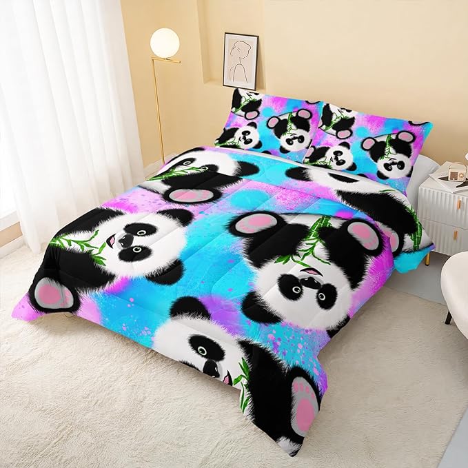 Panda Comforter Full Size,Neon Panda Comforter Set for Kids Teens Girls Boys,3Pcs Bedding Set Printed Comforter with 2 Pillowcases,Down Alternative,Soft and Lightweight，Full Size - LeafyLoom
