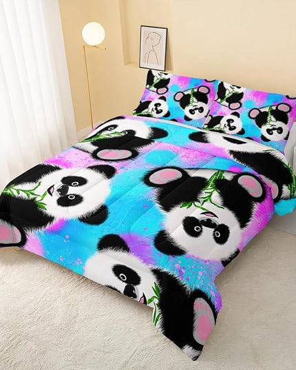 Panda Comforter Queen Size,Neon Panda Comforter Set for Kids Teens Girls Boys,3Pcs Bedding Set Printed Comforter with 2 Pillowcases,Down Alternative,Soft and Lightweight，Queen Size - LeafyLoom