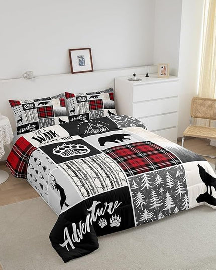 Deer Antlers Comforter Set Twin Size,Bear Paws Pine Trees Xmas Bedding Set for Kids Boys Girls Adults Room Decor,Lattices Patchwork Rustic Farmhouse Down Comforter,Red Duvet Insert,1 Pillowcase - LeafyLoom