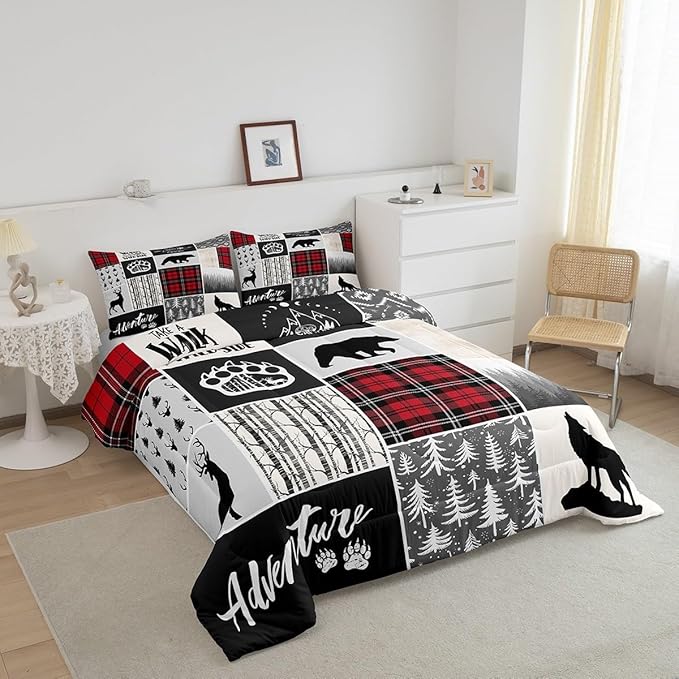 Deer Antlers Comforter Set Twin Size,Bear Paws Pine Trees Xmas Bedding Set for Kids Boys Girls Adults Room Decor,Lattices Patchwork Rustic Farmhouse Down Comforter,Red Duvet Insert,1 Pillowcase - LeafyLoom