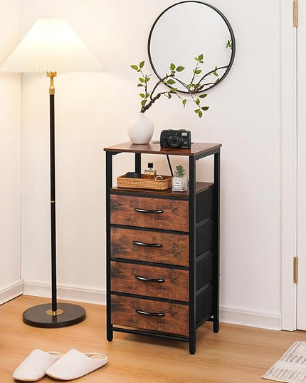 Yoobure Night Stand - LED Nightstand with Charging Station, Bedside Table with 4 Fabric Storage Drawers and Storage Shelf, End Table with USB Ports and Outlets, Tall Dresser for Bedroom - LeafyLoom