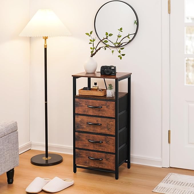 Yoobure Night Stand - LED Nightstand with Charging Station, Bedside Table with 4 Fabric Storage Drawers and Storage Shelf, End Table with USB Ports and Outlets, Tall Dresser for Bedroom - LeafyLoom