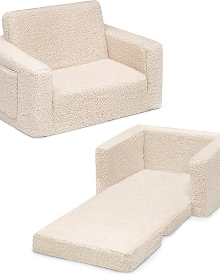 Delta Children Cozee Flip-Out Sherpa 2-in-1 Convertible Chair to Lounger for Kids, Cream - LeafyLoom