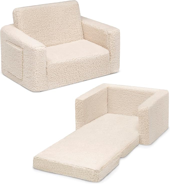 Delta Children Cozee Flip-Out Sherpa 2-in-1 Convertible Chair to Lounger for Kids, Cream - LeafyLoom