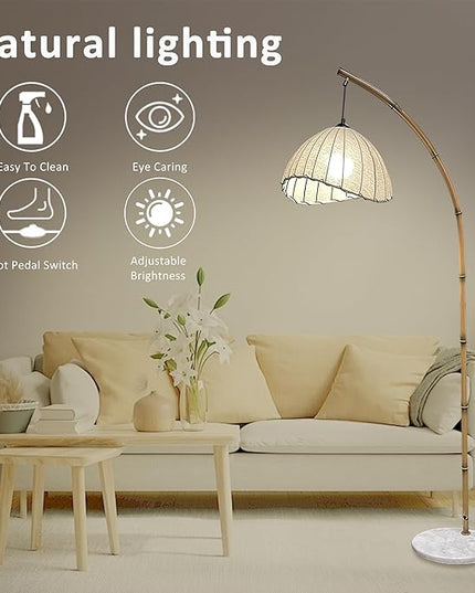 Bamboo Floor lamp, Unique Bohemian Hanging arc Floor lamp, Antique Vine Style, Restaurant Vertical lamp, Marble Base Farmhouse Study Living Room Corner lighting - LeafyLoom