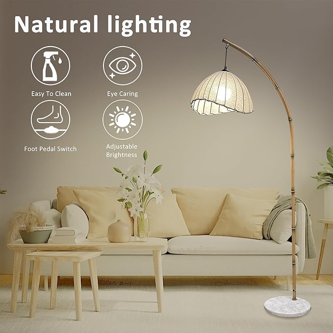 Bamboo Floor lamp, Unique Bohemian Hanging arc Floor lamp, Antique Vine Style, Restaurant Vertical lamp, Marble Base Farmhouse Study Living Room Corner lighting - LeafyLoom