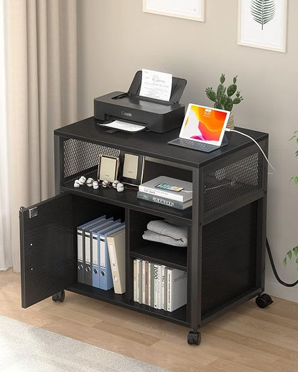 Unikito Lateral File Cabinet, Locking Office Filing Cabinets with Socket and USB Charging Port, Modern Rolling Printer Stand with Storage for A4, Letter Size and File Folders, Black - LeafyLoom