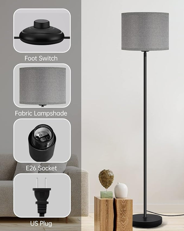 BoostArea Floor Lamps for Living Room, Black Standing Lamp, 58" Tall Lamps, 9W Bright Dimmable Floor Lamps, On/Off Foot Switch, Simple Modern Floor Lamp for Bedroom, Office, Kitchen -Grey Lampshade - LeafyLoom