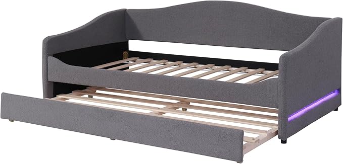 RITSU Twin Size Teddy Fleece Upholstered Daybed with Light and Trundle, Smarter LED Sofa Bed Frame, No Spring Box Needed, Modern Design, Weight Capacity 500 LBS, for Bedroom, Living Room, Gray - LeafyLoom
