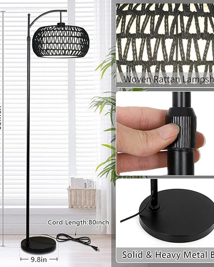 Arc Floor Lamp with 3 Color Temperatures, Dimmable LED Black Floor Lamp with Remote Control, Boho Standing Lamp with Rattan Wicker Shades, Farmhouse Tall Pole Lamp for Living Room Bedroom - LeafyLoom