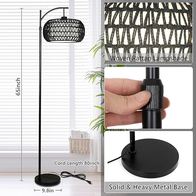 Arc Floor Lamp with 3 Color Temperatures, Dimmable LED Black Floor Lamp with Remote Control, Boho Standing Lamp with Rattan Wicker Shades, Farmhouse Tall Pole Lamp for Living Room Bedroom - LeafyLoom