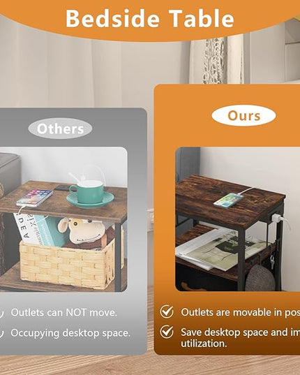 Nightstands set 2 for Bedroom Decor, Bedside Table with Charging Station, Night Stands with Fabric Drawers and Open Shelf, Side Table with USB Ports & Outlets (Rustic Brown,2) - LeafyLoom