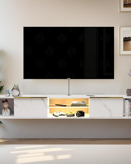 Pmnianhua LED Floating TV Stand with 2 Drawers,78'' Floating TV Shelf with LED Lights,Wall Mounted Media Console,Floating Entertainment Center with Storage for Bedroom Playroom Living Room(White) - LeafyLoom