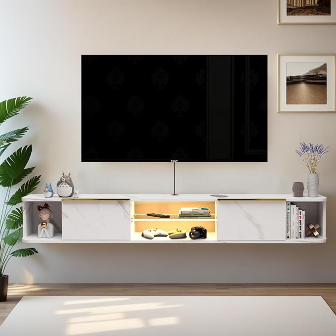 Pmnianhua LED Floating TV Stand with 2 Drawers,78'' Floating TV Shelf with LED Lights,Wall Mounted Media Console,Floating Entertainment Center with Storage for Bedroom Playroom Living Room(White) - LeafyLoom