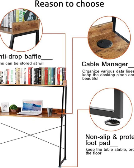 DESIGNA 48 Inch Ladder Desk with Storage Shelves, 2-Tier Home Office Students Study Writing PC Computer Gaming Table with Bookshelf Modern Workstation for Small Space Saving, Metal Frame, Rustic Brown - LeafyLoom