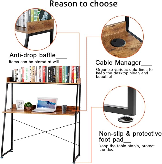 DESIGNA 48 Inch Ladder Desk with Storage Shelves, 2-Tier Home Office Students Study Writing PC Computer Gaming Table with Bookshelf Modern Workstation for Small Space Saving, Metal Frame, Rustic Brown - LeafyLoom